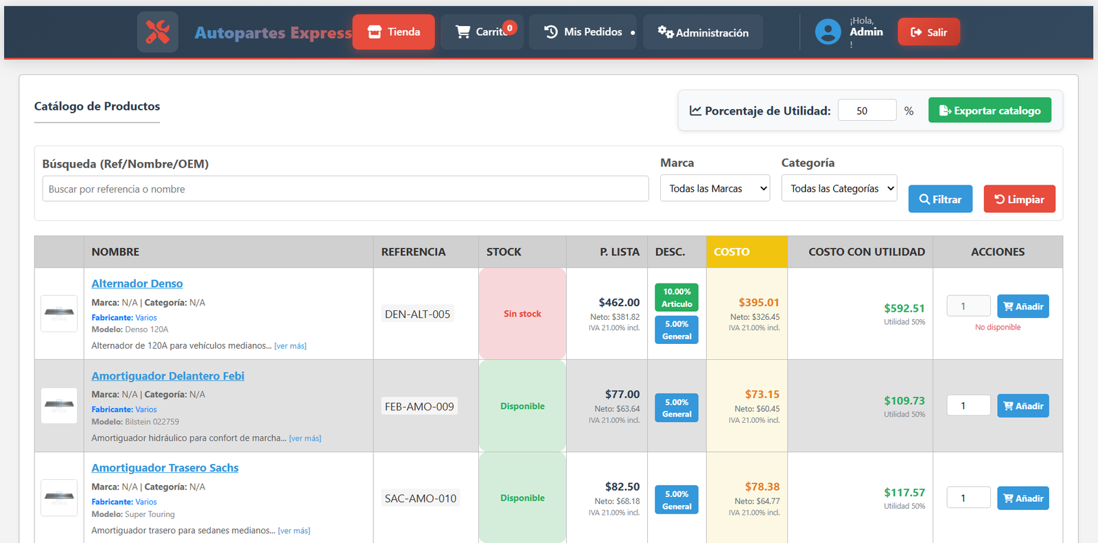 Vista principal del E-Commerce B2B
