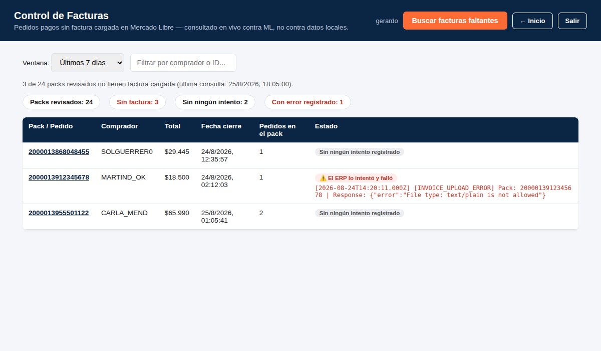 Pantalla de control de facturas pendientes